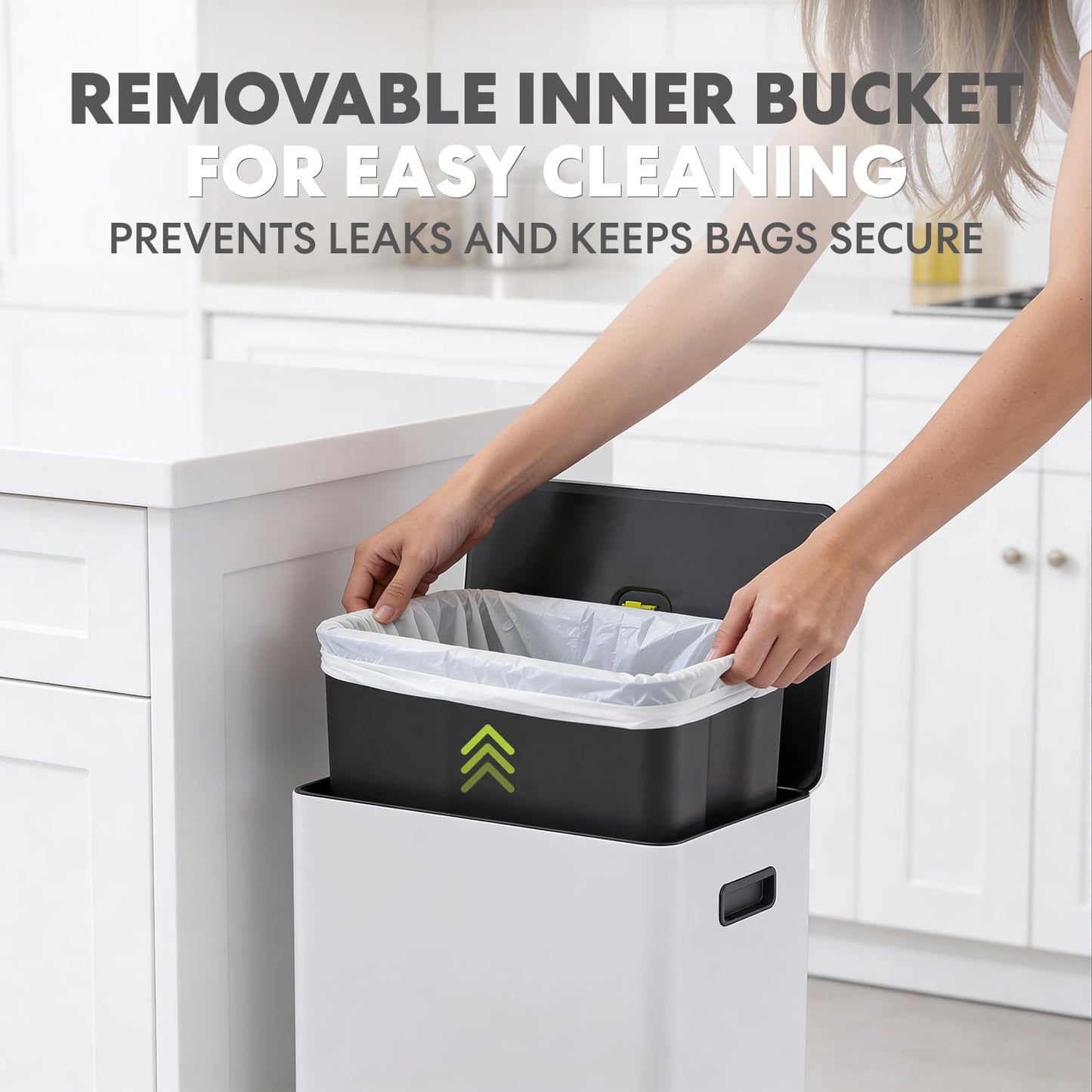 Simpli-Magic Infinity Edge 60 Liter / 16 Gallon Rectangular Hands-Free Extra Large Kitchen Step Trash Can, Soft-Close Single Lid Recycling Bin, Stainless Steel, White