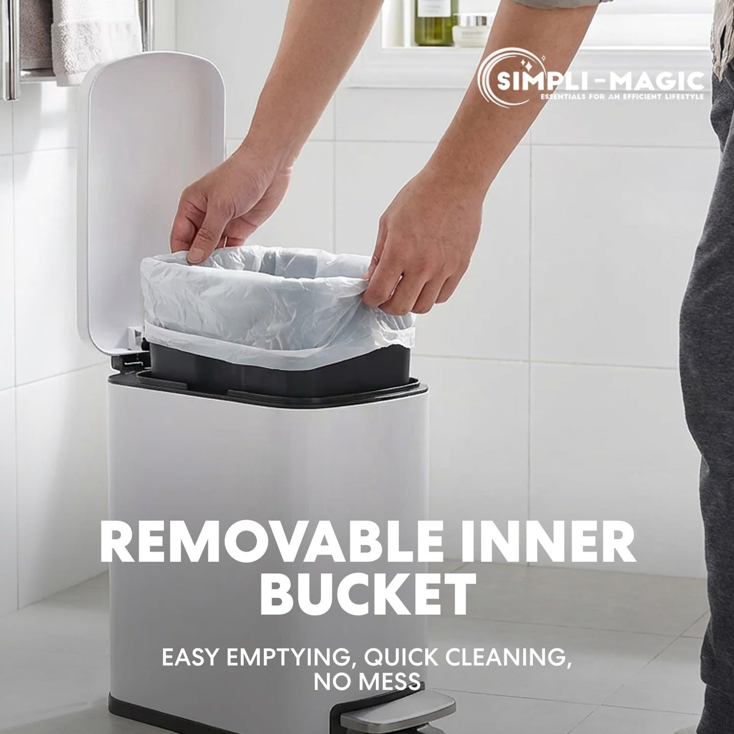 Simpli-Magic, 6L/1.6G Stainless Steel Bathroom Trash Can with Hands-Free Foot Pedal, Quiet Soft-Close Lid, Compact Space-Saving Size, White