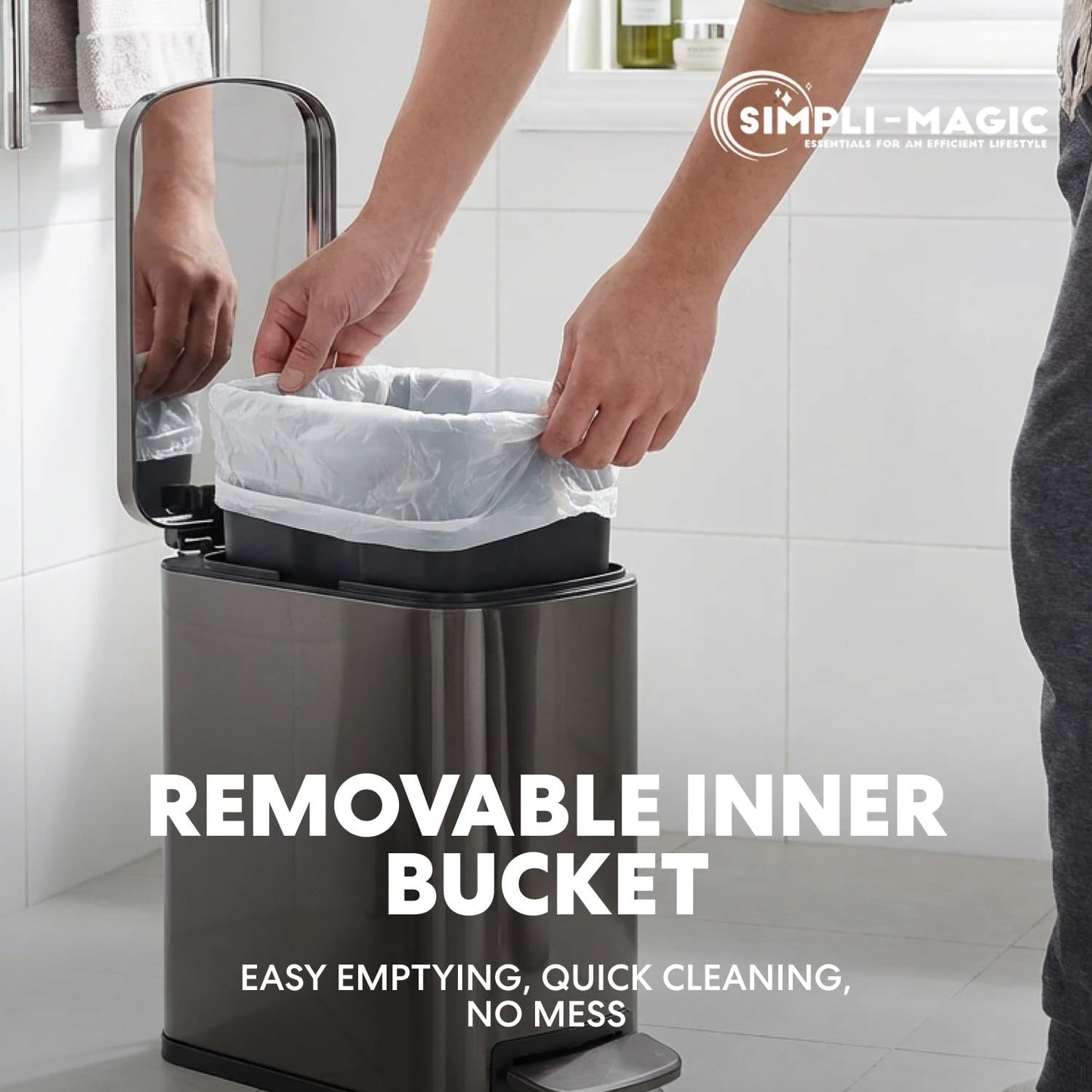 Simpli-Magic, 6L/1.6G Stainless Steel Bathroom Trash Can with Hands-Free Foot Pedal, Quiet Soft-Close Lid, Compact Space-Saving Size, Black