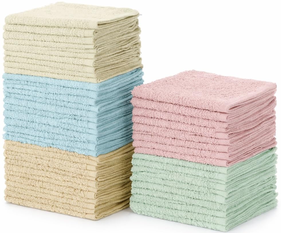 SIMPLI-MAGIC Cotton Wash Cloths 12"x12" (50 Pack) – Highly Absorbent Soft Towels for Bathroom, Multicolor – Terry Washcloth for Face, Hand, Bath, Kitchen, Gym & Hotel