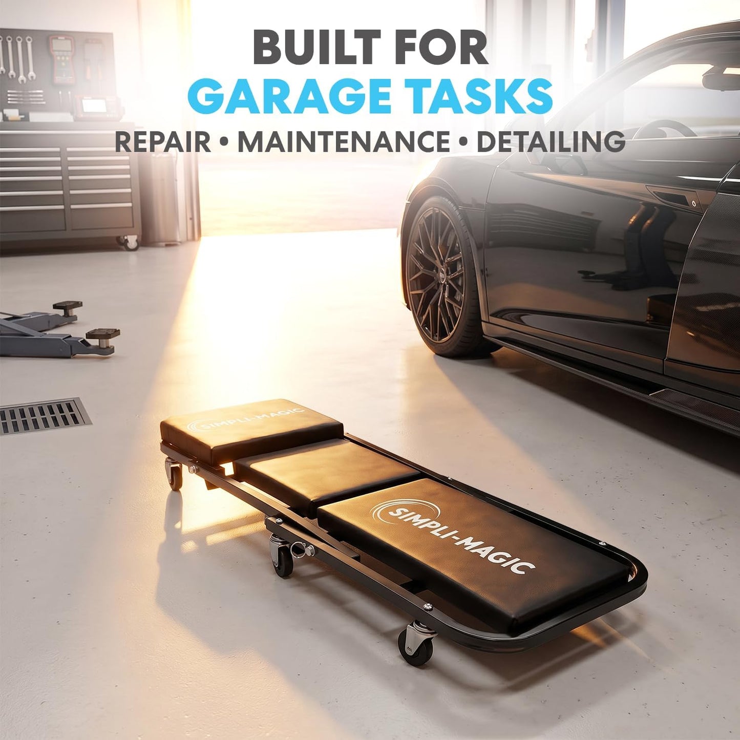 SIMPLI-Magic 2-in-1 Mechanic Creeper and Seat, Adjustable Rolling Automotive Creeper with Padded Cushion and Casters, Black