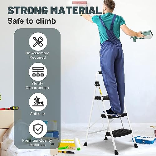 SIMPLI-MAGIC Step Ladder, 3 Step Stool Ergonomic Folding Step Stool with Wide Anti-Slip Pedal Sturdy Step Stool for Adults Multi-Use for Household, Kitchen,Office Step Ladder Stool (3 Step - White)