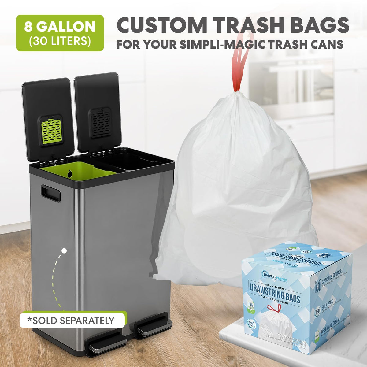 SIMPLI-MAGIC 16 Gallon (60L) Elegant Black Step Trash Can – Dual Compartment Kitchen Garbage Can with Waste & Recycling Bins – Slow-Close Lid, Odor Control, Hands-Free, Premium Stainless Steel