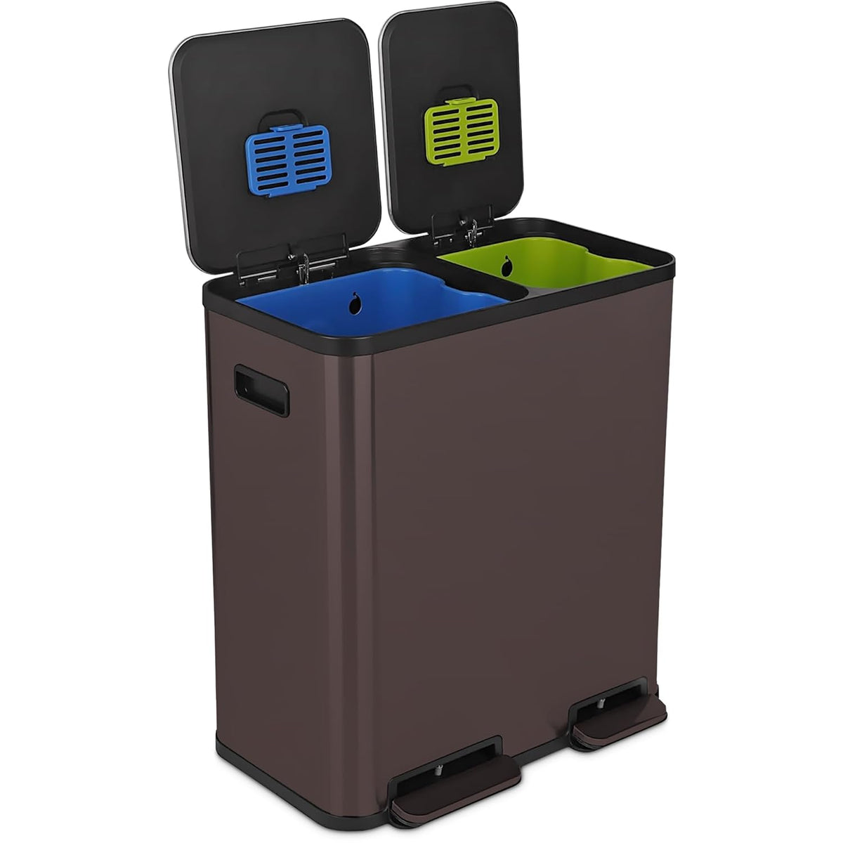 SIMPLI-MAGIC 18.5 Gallon (70L) Dual Compartment Kitchen Trash Can - Hands-Free Step Pedal, Soft-Close Lid, Stainless Steel Recycling Bin with Odor Filter (40L + 30L)