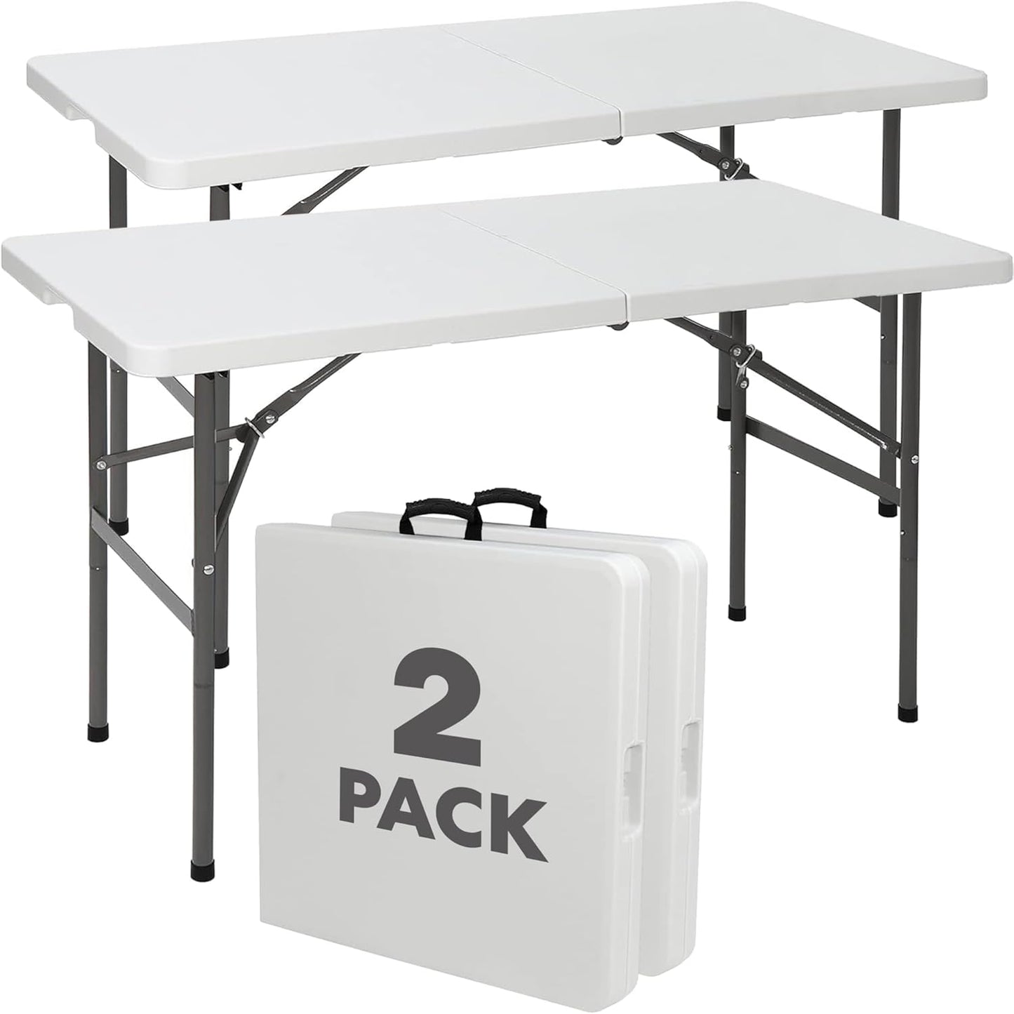 SIMPLI-Magic White Foldable Table (4FT), 2-Pack Indoor/Outdoor Folding Utility Tables with Carry Handle for Parties, Events, Crafts, and Picnics