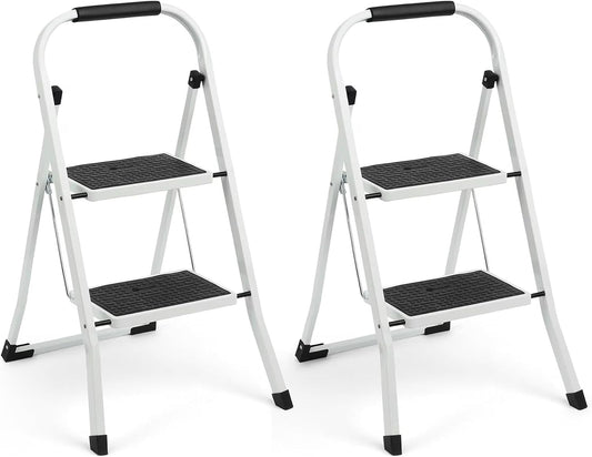Simpli-Magic 2 Step Ladder 2 Pack, Folding Step Stool for Adults, Tested to 800 lb, Wide Anti-Slip Steps, Steel Frame, White