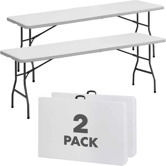 SIMPLI-Magic White Foldable Table (8FT), 2-Pack Indoor/Outdoor Folding Banquet Tables with Carry Handle for Parties, Events, and Catering