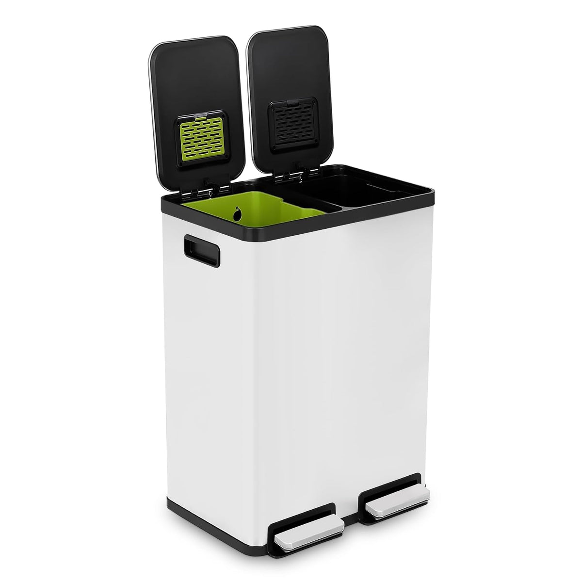 SIMPLI-MAGIC 60 Liter / 16 Gallon Rectangular Hands-Free Dual Compartment Recycling Kitchen Step Trash Can with Soft-Close Single Lid, Stainless Steel (30L x 30L Capacity) White