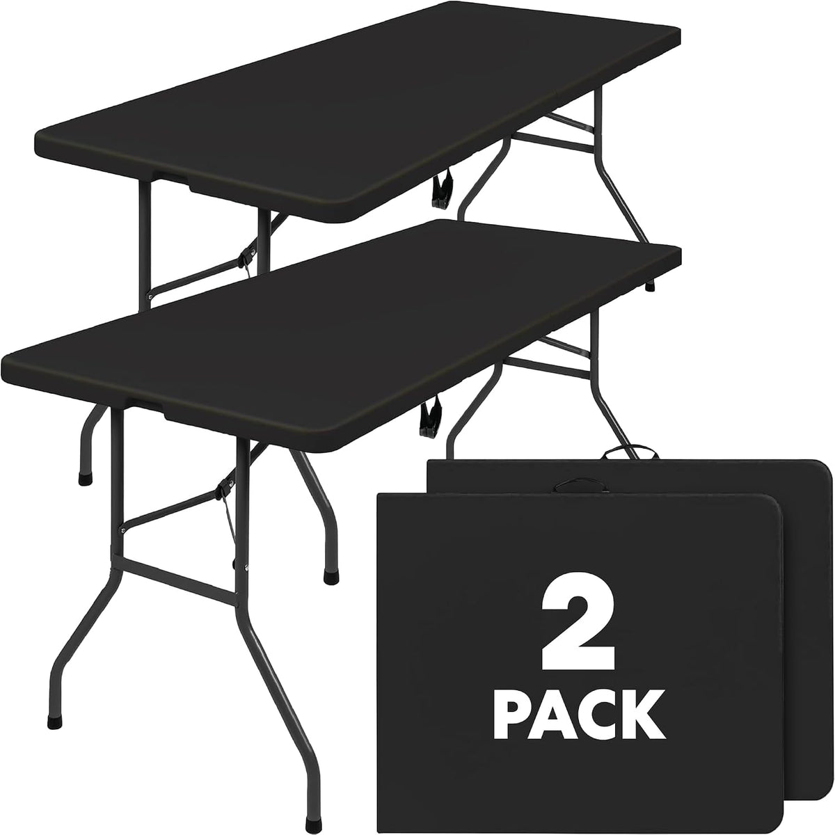 SIMPLI-MAGIC Black Foldable Table (6FT), 2-Pack Indoor/Outdoor Folding Utility Tables with Carry Handle for Parties, Events, Crafts, and Picnics
