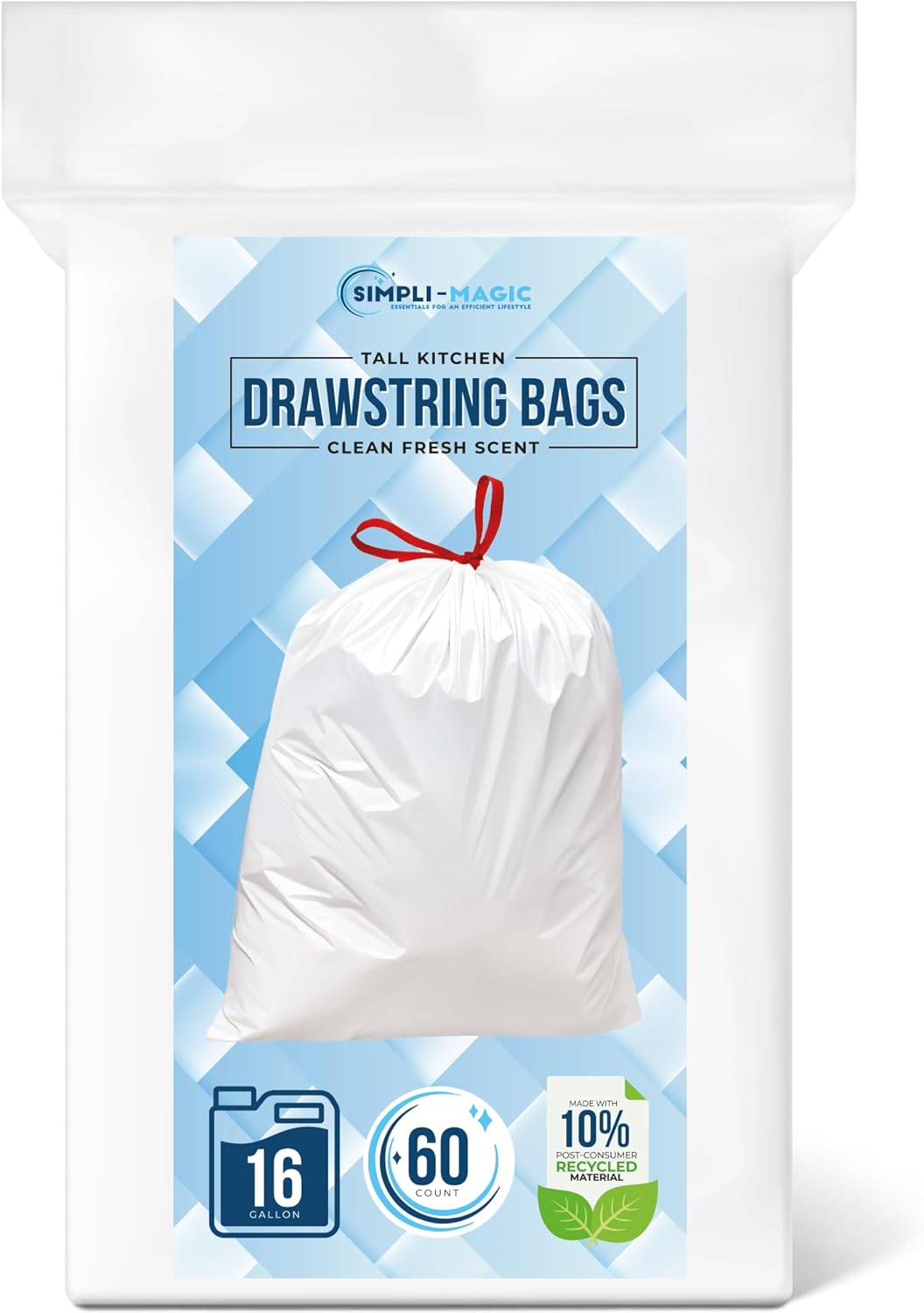 SIMPLI-MAGIC 16 Gallon / 60 Liter Trash Liner (Code D), Tear-Resistant Trash Bags for Kitchen, Office, Bathroom, and Bedroom Trash Cans, 60 pack