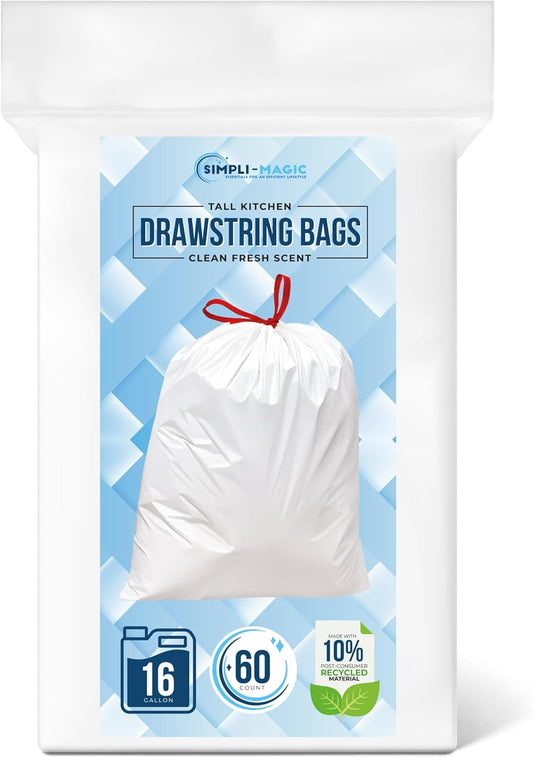 SIMPLI-MAGIC 16 Gallon / 60 Liter Trash Liner (Code D), Tear-Resistant Trash Bags for Kitchen, Office, Bathroom, and Bedroom Trash Cans, 60 pack