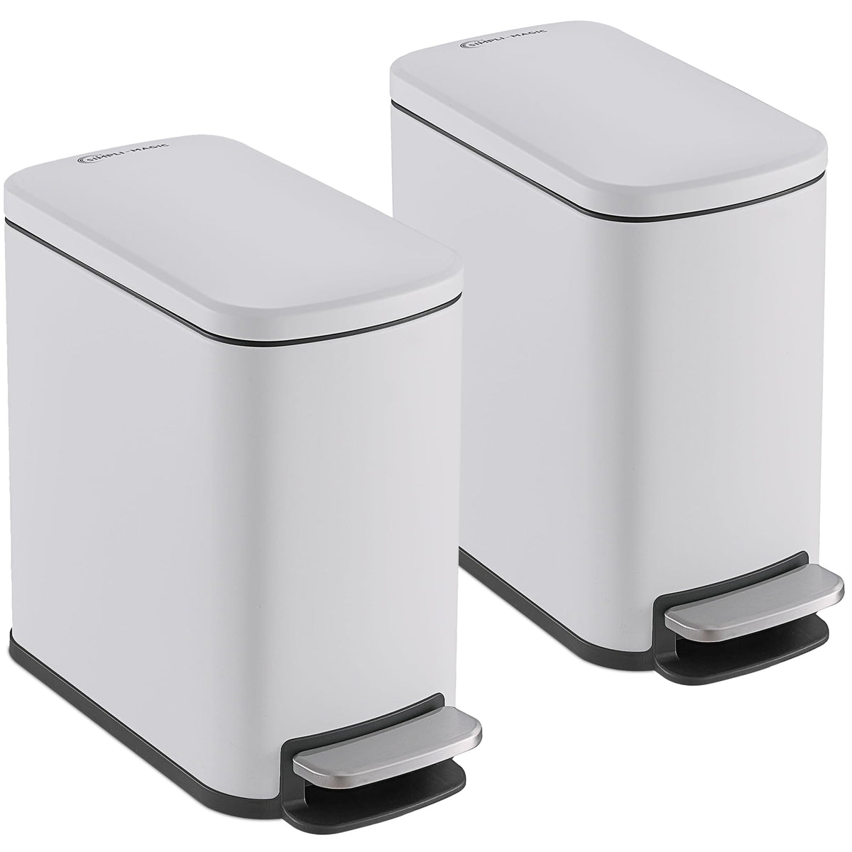 SIMPLI-MAGIC 6L/1.6G Stainless Steel Bathroom Trash Can with Hands-Free Foot Pedal, Quiet Soft-Close Lid, Compact Space Saving Size, White, 2 Pack