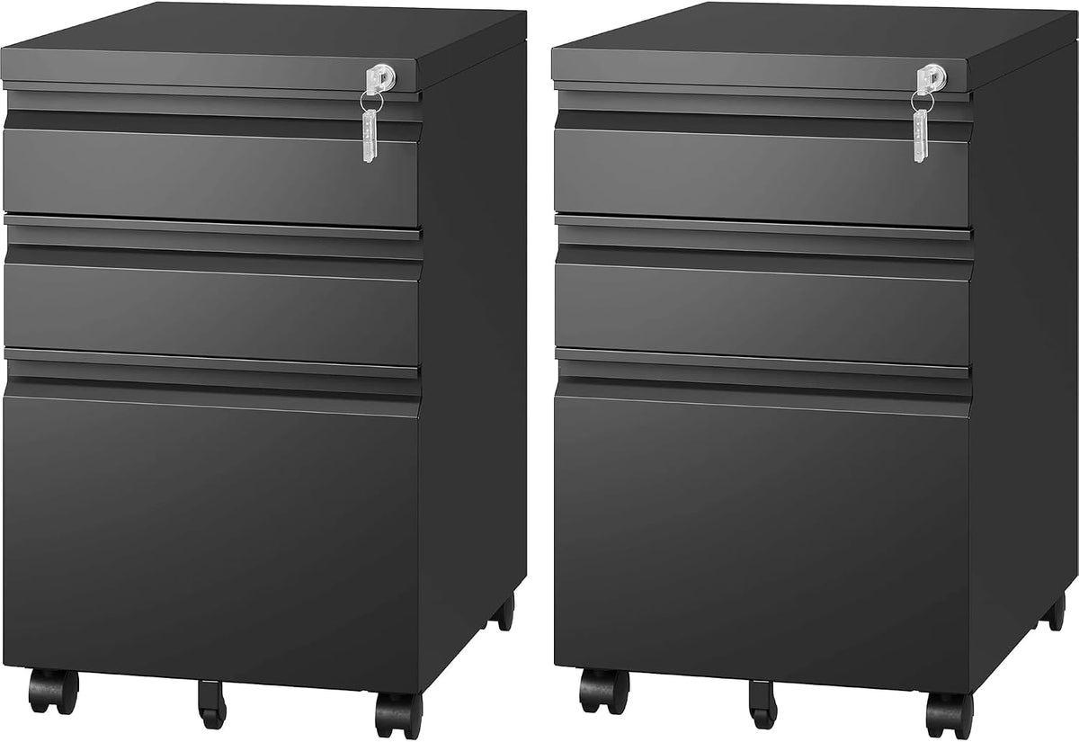SIMPLI-MAGIC 3-Drawer Mobile File Cabinet with Lock - Under Desk Rolling Metal Filing Cabinet, Letter/Legal/A4, Fully Assembled, Home Office Organizer 2 Pack, Black