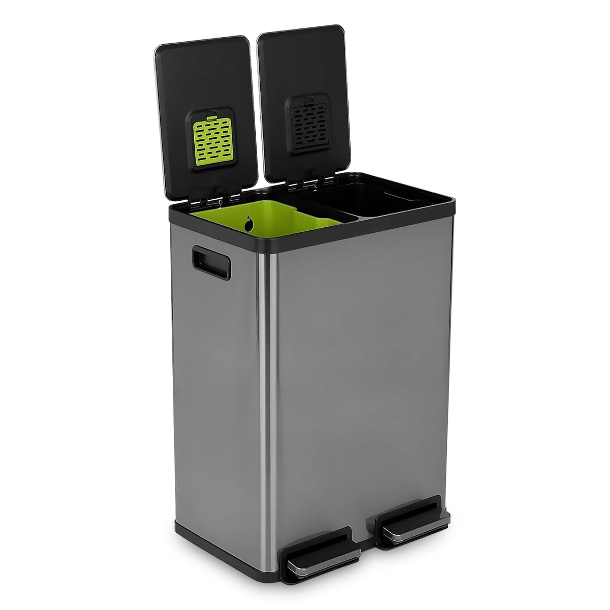 SIMPLI-MAGIC 16 Gallon (60L) Elegant Black Step Trash Can – Dual Compartment Kitchen Garbage Can with Waste & Recycling Bins – Slow-Close Lid, Odor Control, Hands-Free, Premium Stainless Steel