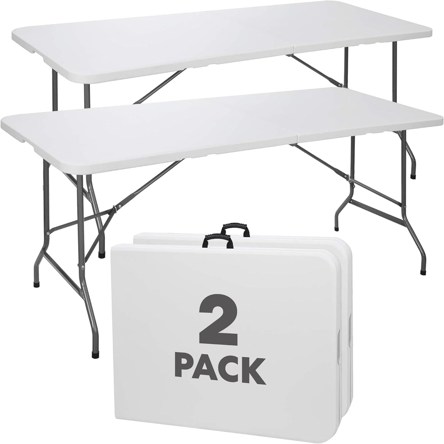SIMPLI-Magic White Foldable Table (6FT), 2-Pack Indoor/Outdoor Folding Utility Tables with Carry Handle for Parties, Events, Crafts, and Picnics