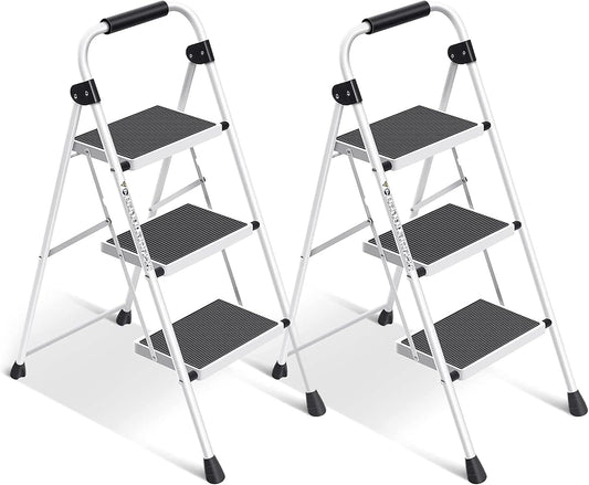 Simpli-Magic 3 Step Ladder 2 Pack, Folding Step Stool for Adults, Tested to 800 lb, Wide Anti-Slip Steps, Steel Frame, White