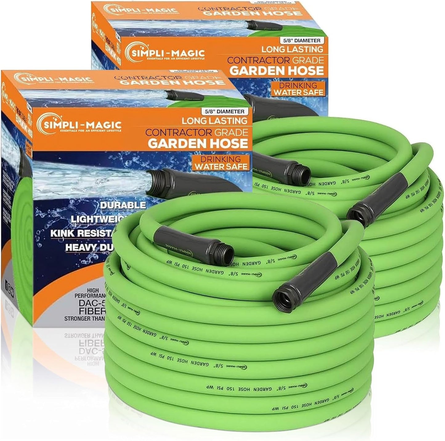 Simpli-Magic Garden Hose 50ft x 5/8", Water Hose Heavy Duty, Flexible, Lightweight Hybrid Hose with Grip Handle - 2 Pack