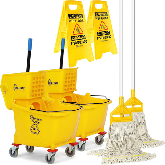 Simpli-Magic Upward Press Wringer Combo Commercial Mop Bucket on Wheels, 35 Quart,Yellow, Including Wet Floor Caution Sign and Mop Set 2 Pack