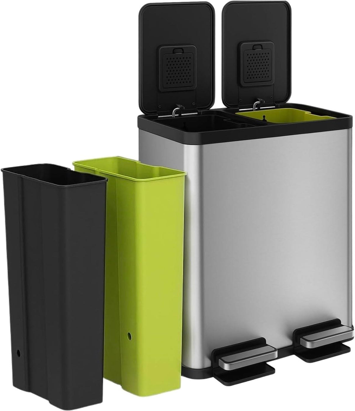 SIMPLI-MAGIC 16 Gallon (30L x 30L) Dual Compartment Step Trash Can – Kitchen Garbage Can with Slow-Close Lids – Waste & Recycling Bins, Odor Control, Hands-Free, Easy to Clean, Stainless Steel