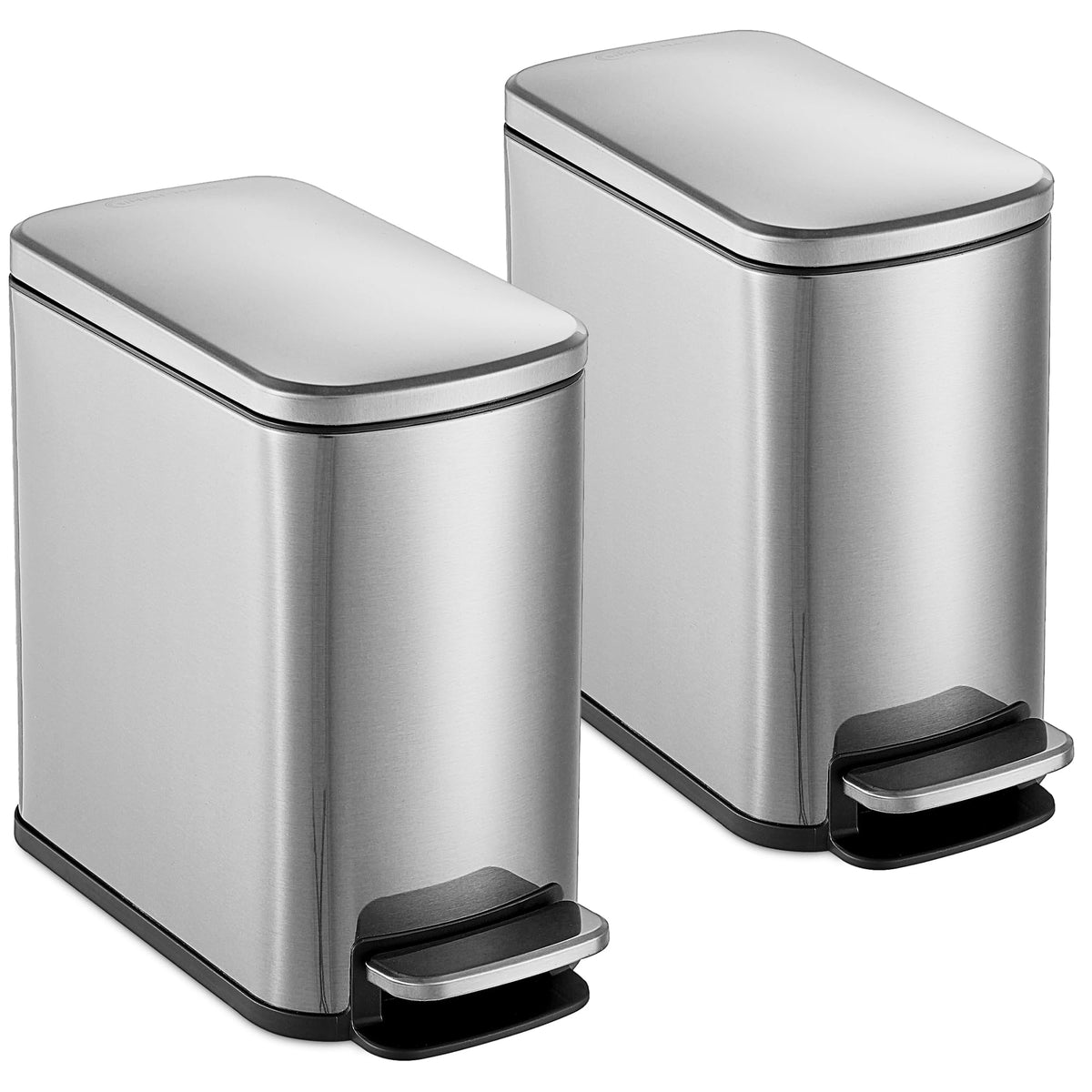 SIMPLI-MAGIC 6L/1.6G Stainless Steel Bathroom Trash Can with Hands-Free Foot Pedal, Quiet Soft-Close Lid, Compact Space-Saving Size, Silver, 2 Pack