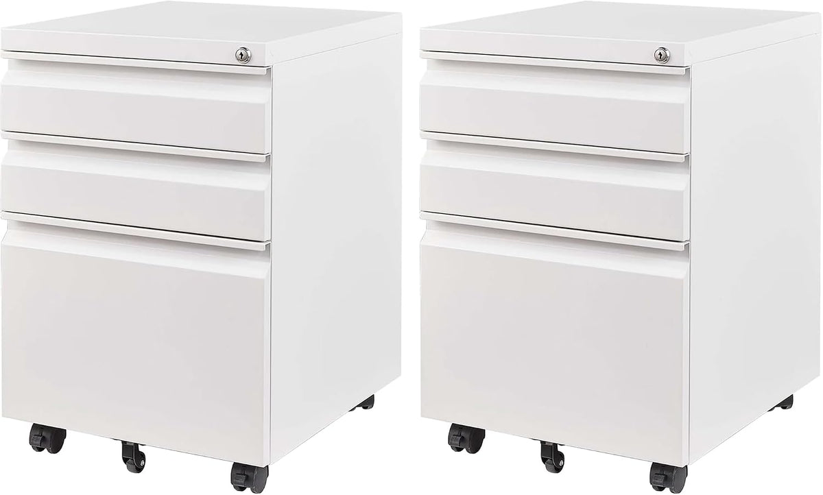 SIMPLI-MAGIC 3 Drawer Mobile File Cabinet with Lock Under Desk Metal Filing Cabinet for Home Office Organizer Fully Assembled Letter Legal A4 2 Pack White