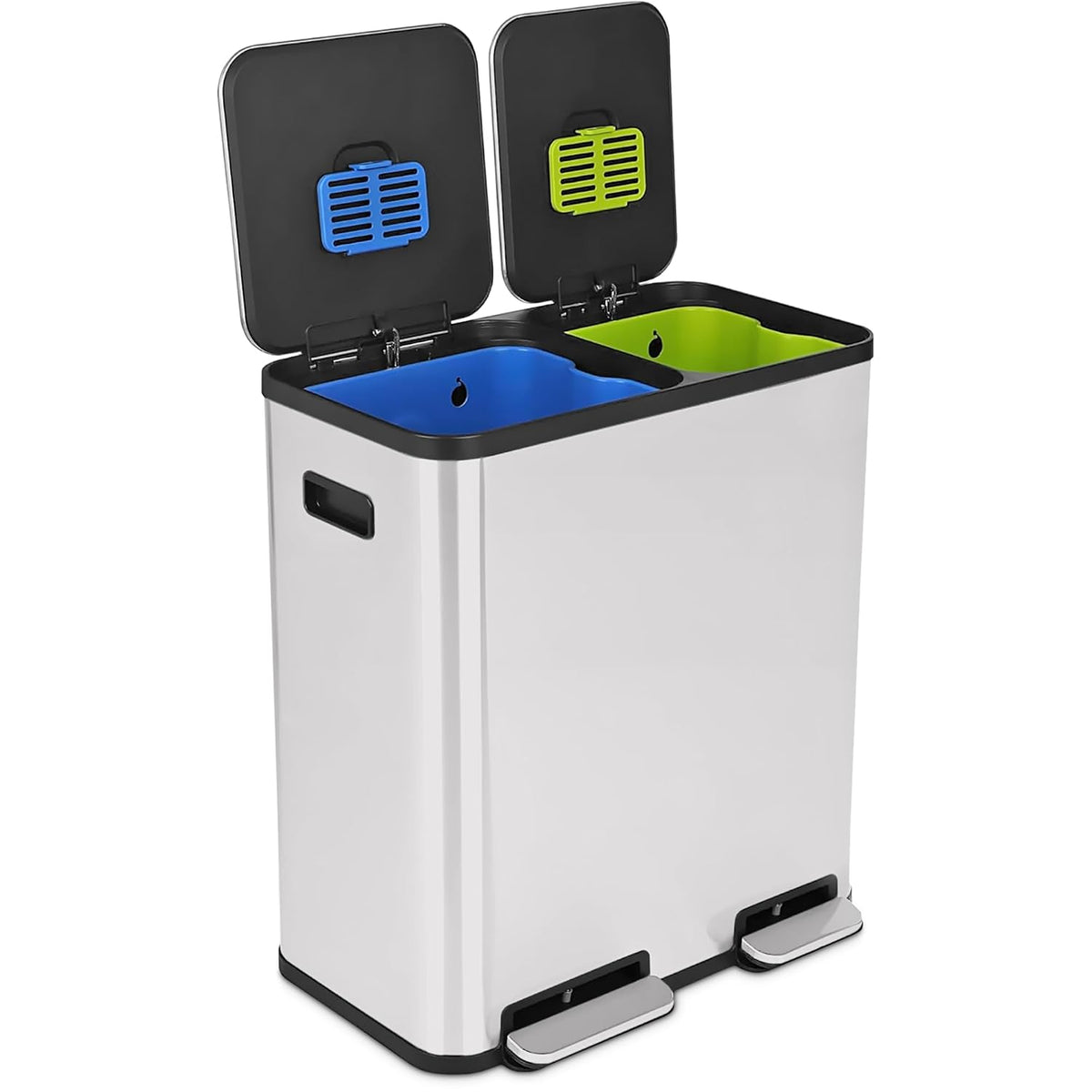 SIMPLI-MAGIC 70 Liter / 18.5 Gallon Dual Compartment Recycling Trash Can – Hands-Free Kitchen Step Bin with Soft-Close Lid, Odor Filter, Stainless Steel Foot Pedal, Black Finish (40L + 30L), White