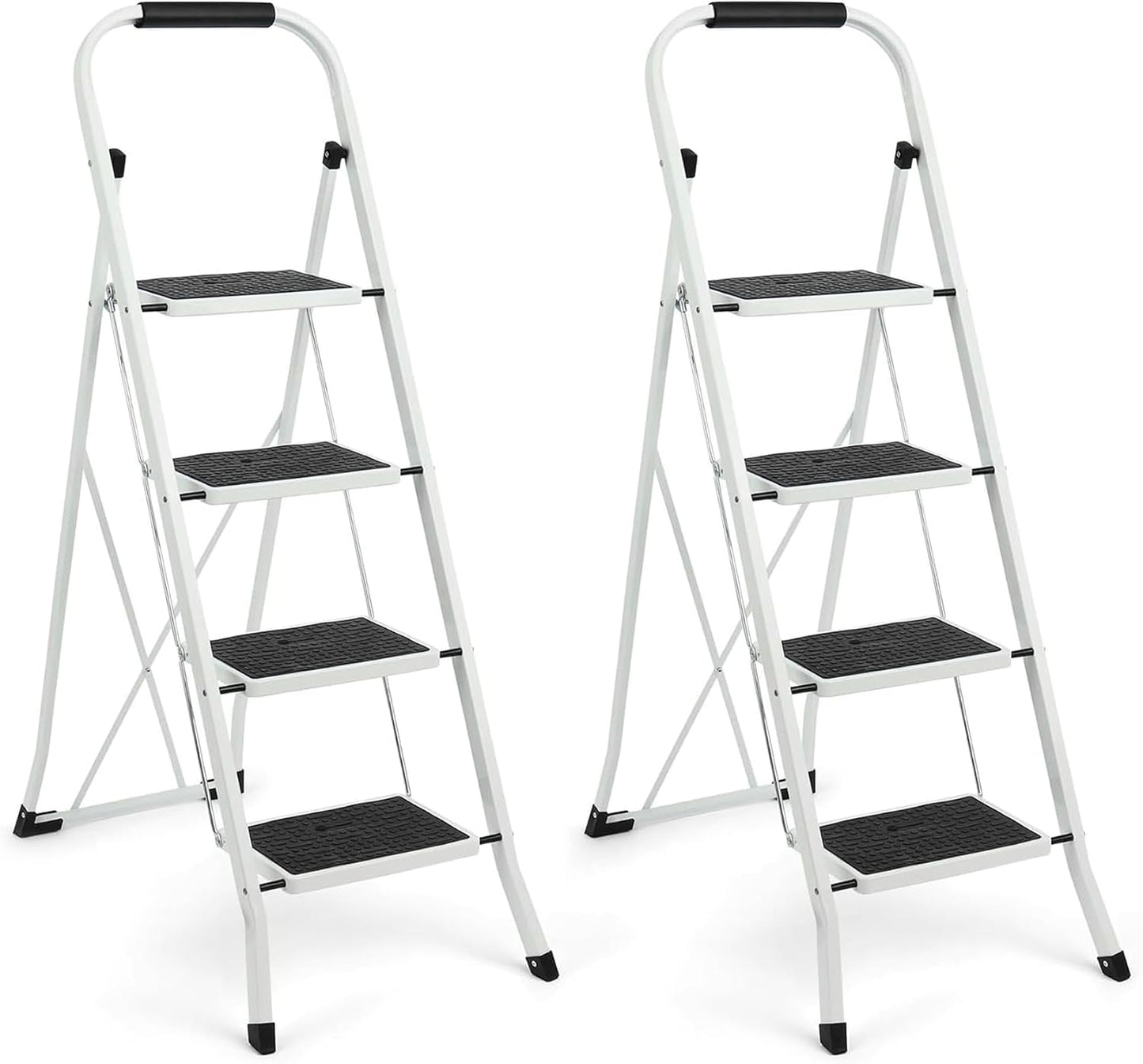 Simpli-Magic 4 Step Ladder 2 Pack, Folding Step Stool for Adults, Tested to 800 lb, Wide Anti-Slip Steps, Steel Frame, White