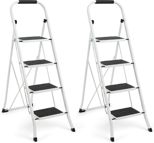 Simpli-Magic 4 Step Ladder 2 Pack, Folding Step Stool for Adults, Tested to 800 lb, Wide Anti-Slip Steps, Steel Frame, White