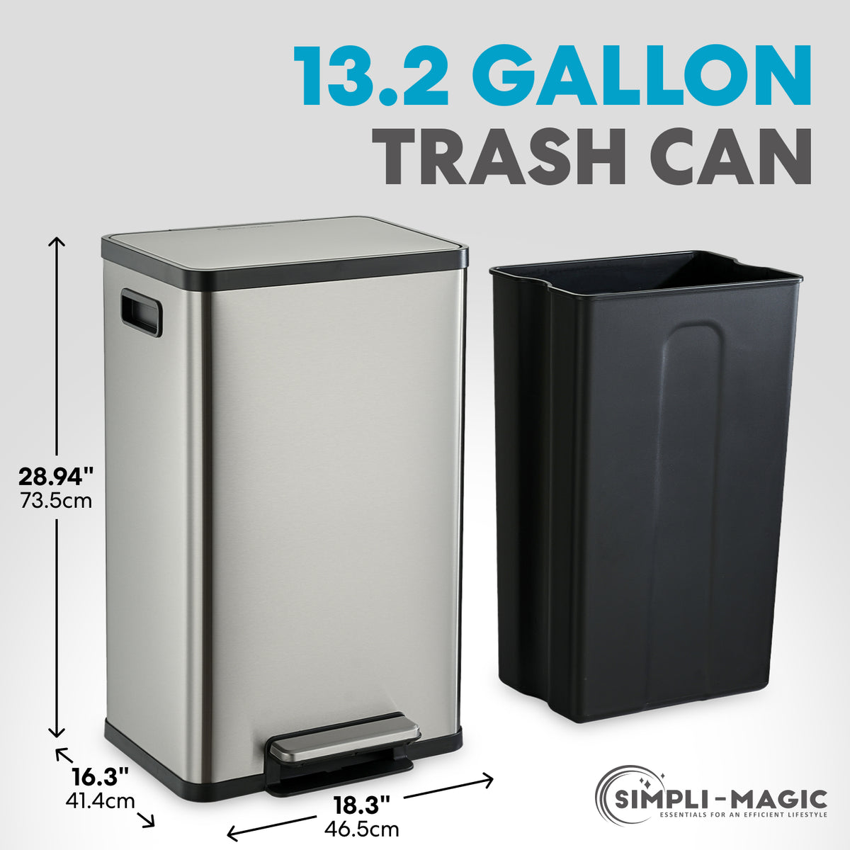 SIMPLI-MAGIC 50 Liter / 13.2 Gallon Soft-Close, Smudge Resistant Trash Can with Foot Pedal and Built in Filter- Stainless Steel, Sleek Finish