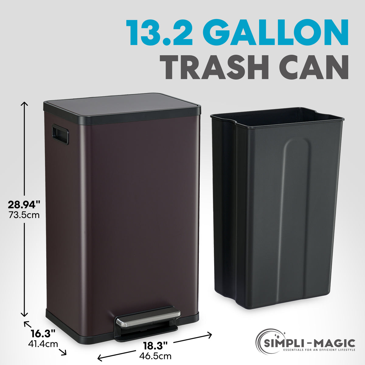 50 Liter / 13.2 Gallon Soft-Close, Smudge Resistant Trash Can with Foot Pedal and Built in Filter- Brown
