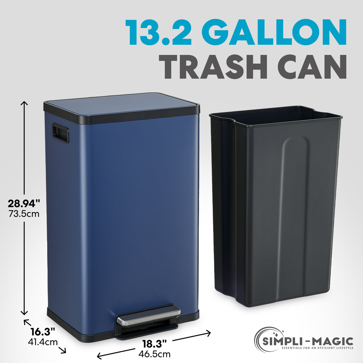 50 Liter / 13.2 Gallon Soft-Close, Smudge Resistant Trash Can with Foot Pedal and Built in Filter- Blue