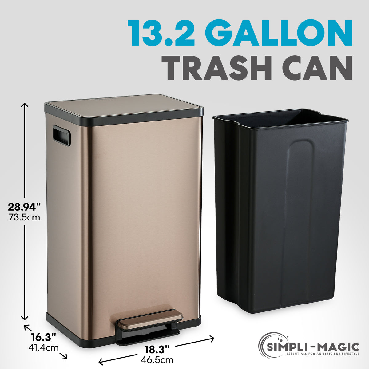 SIMPLI-MAGIC 13 Gallon/50 Liter Kitchen Trash Can, Stainless Steel Step-On Garbage Bin with Side Handles, Built-In Odor Filter Holder & Removable Inner Bucket for Kitchen & Office & Bedroom, Rose Gold