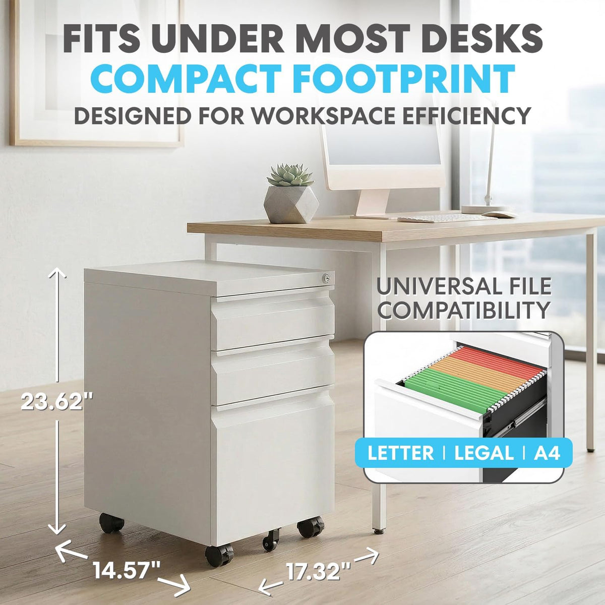 SIMPLI-MAGIC 3 Drawer Mobile File Cabinet with Lock Under Desk Metal Filing Cabinet for Home Office Organizer Fully Assembled Letter Legal A4 2 Pack White