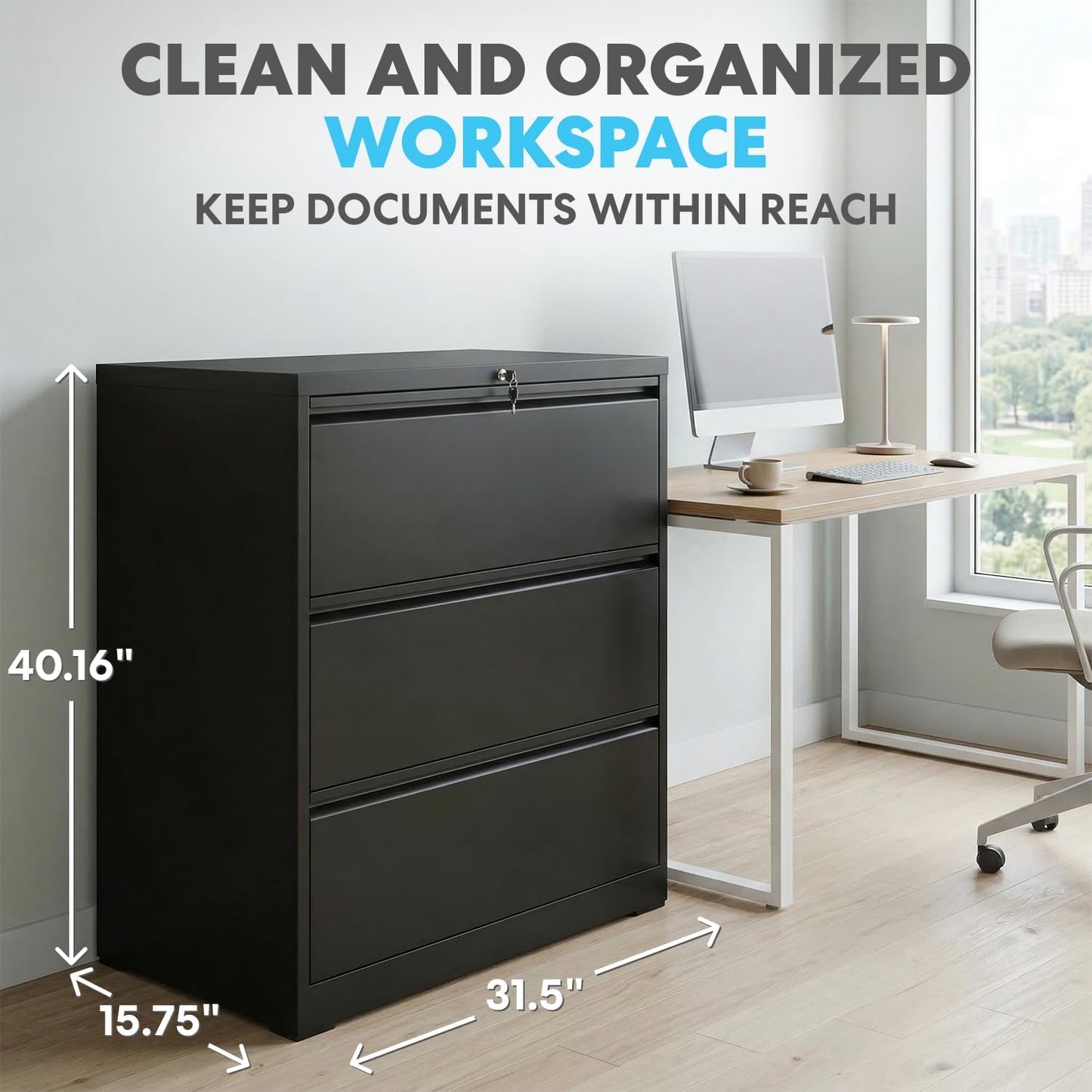 SIMPLI-MAGIC 3 Drawer Vertical Metal File Cabinet with Lock, Black