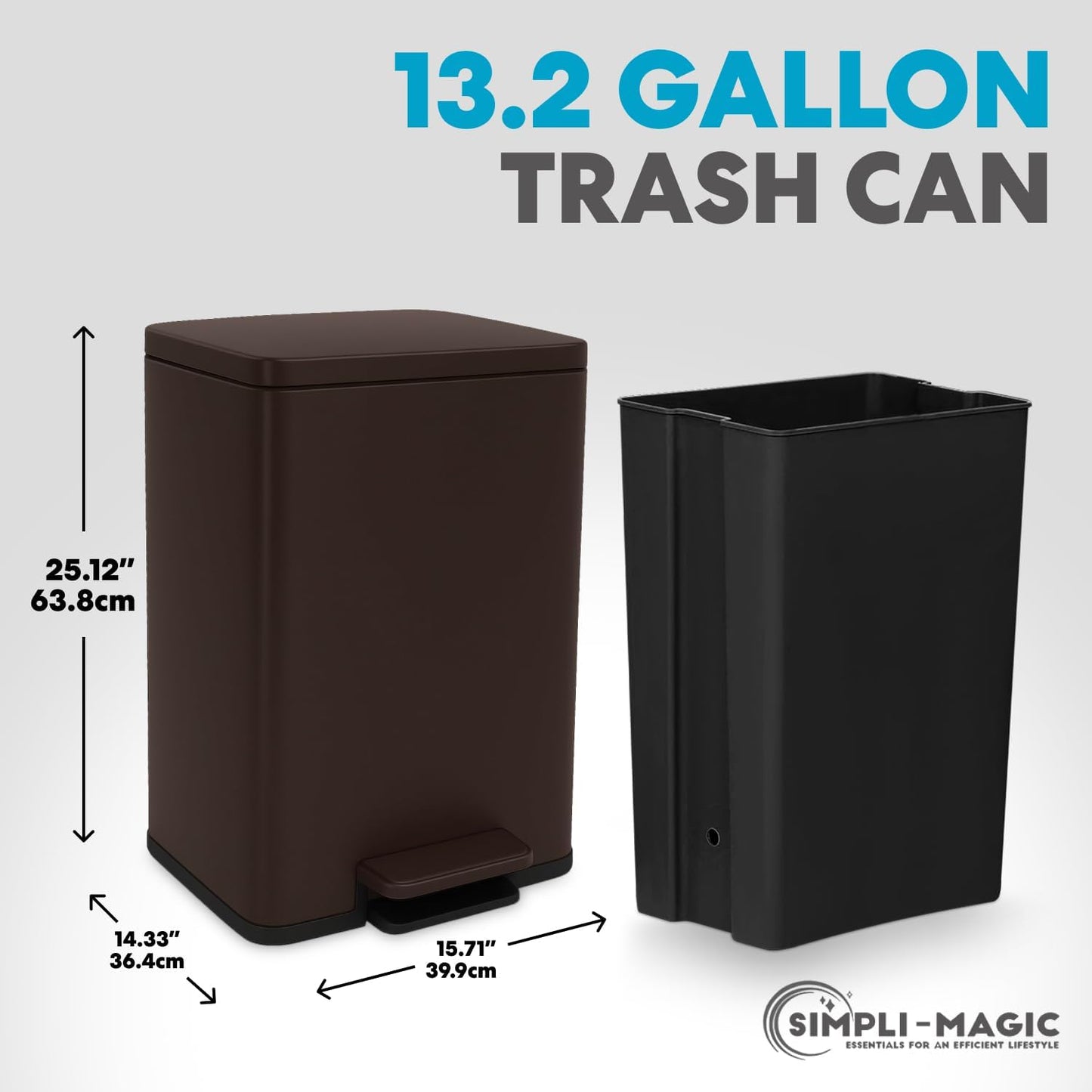 SIMPLI-Magic 13.2 Gallon/50 Liter, Kitchen Trash Can, Stainless Steel, Step-On Garbage Bin with Removable Inner Bucket for Kitchen, Office, and Bedroom, Brown