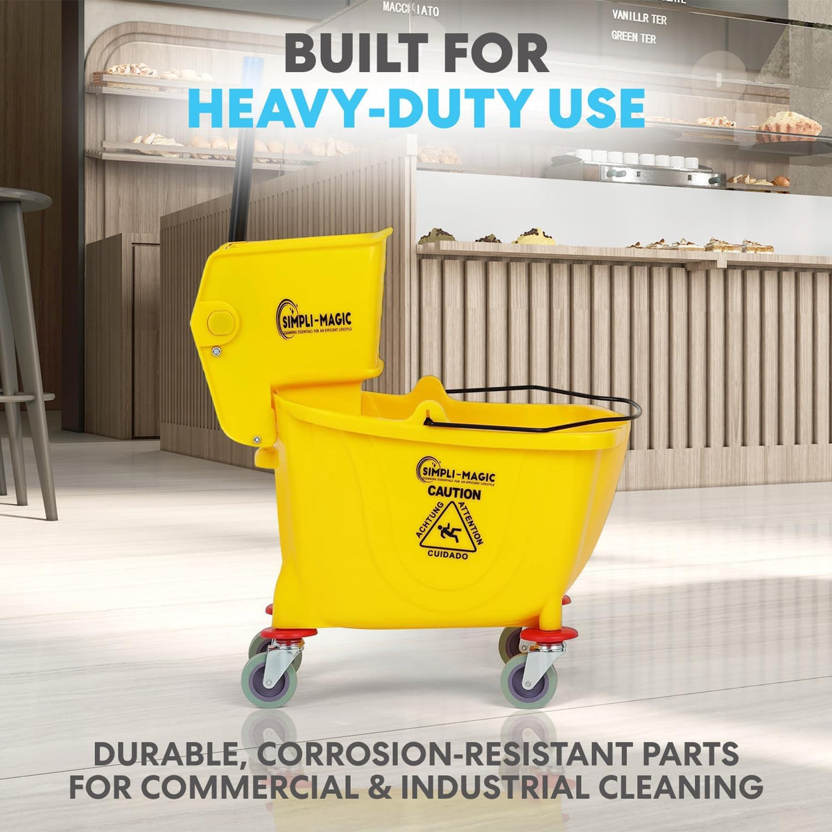 Simpli-Magic Upward Press Wringer Combo Commercial Mop Bucket on Wheels, 35 Quart,Yellow, Including Wet Floor Caution Sign and Mop Set 2 Pack