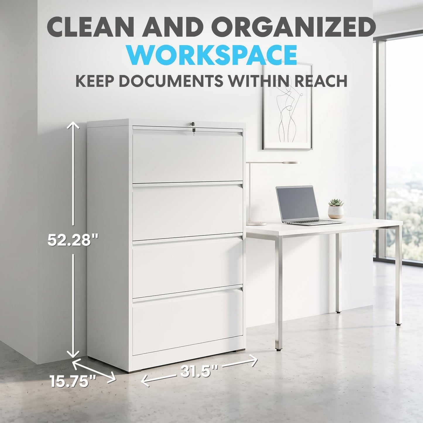 SIMPLI-MAGIC 4 Drawer Lateral Metal File Cabinet with Lock, White