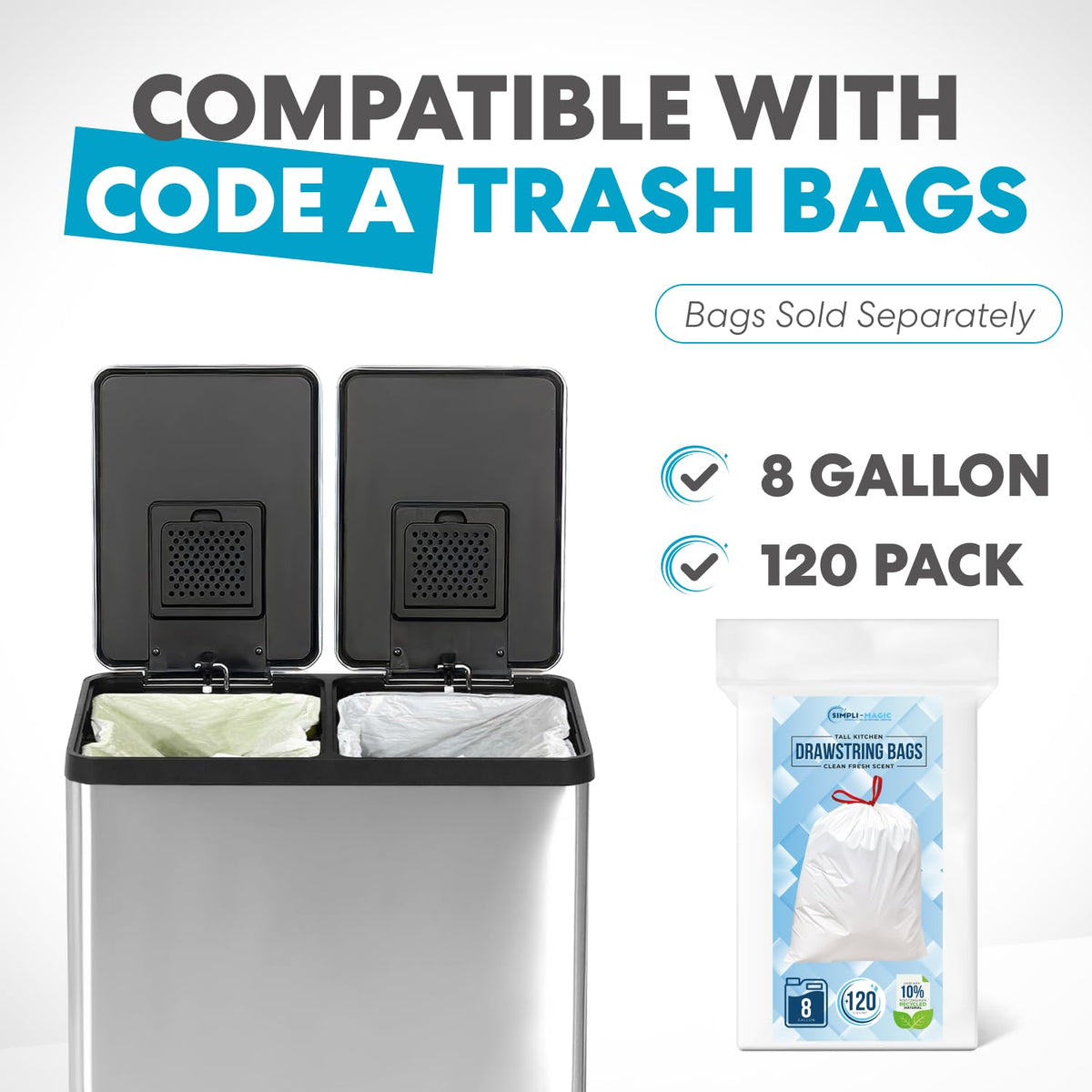 SIMPLI-MAGIC 16 Gallon (30L x 30L) Dual Compartment Step Trash Can – Kitchen Garbage Can with Slow-Close Lids – Waste & Recycling Bins, Odor Control, Hands-Free, Easy to Clean, Stainless Steel