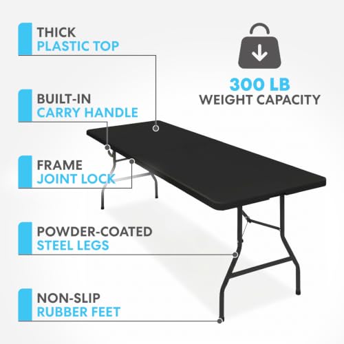 SIMPLI-MAGIC Black Foldable Table (8FT), 2-Pack Indoor/Outdoor Folding Banquet Tables with Carry Handle for Parties, Events, and Catering