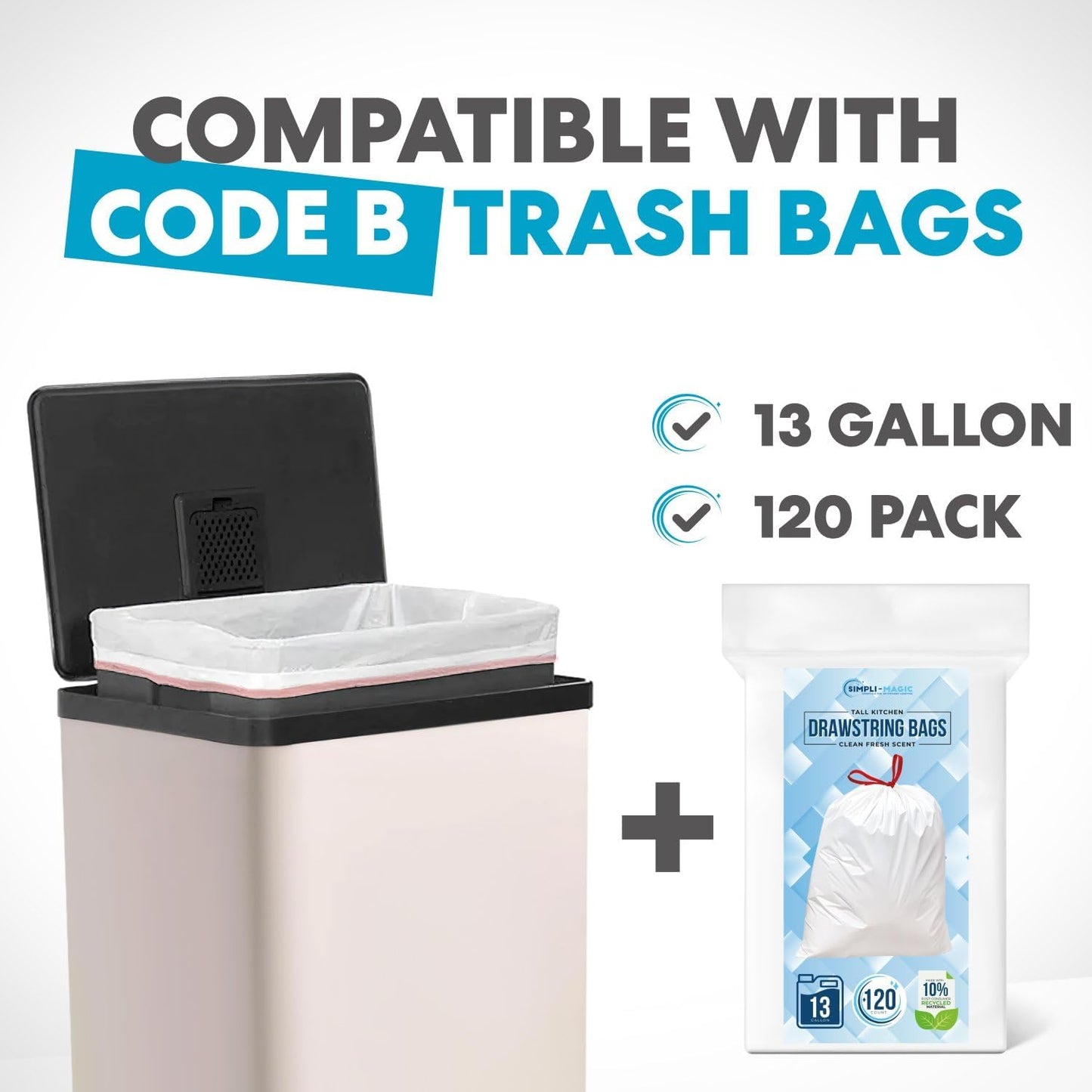 SIMPLI-Magic 13.2 Gallon/50 Liter, Kitchen Trash Can, Stainless Steel, Step-On Garbage Bin with Removable Inner Bucket for Kitchen, Office, and Bedroom, White