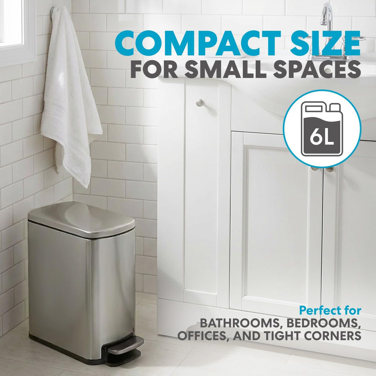 SIMPLI-MAGIC 6L/1.6G Stainless Steel Bathroom Trash Can with Hands-Free Foot Pedal, Quiet Soft-Close Lid, Compact Space-Saving Size, Silver, 2 Pack