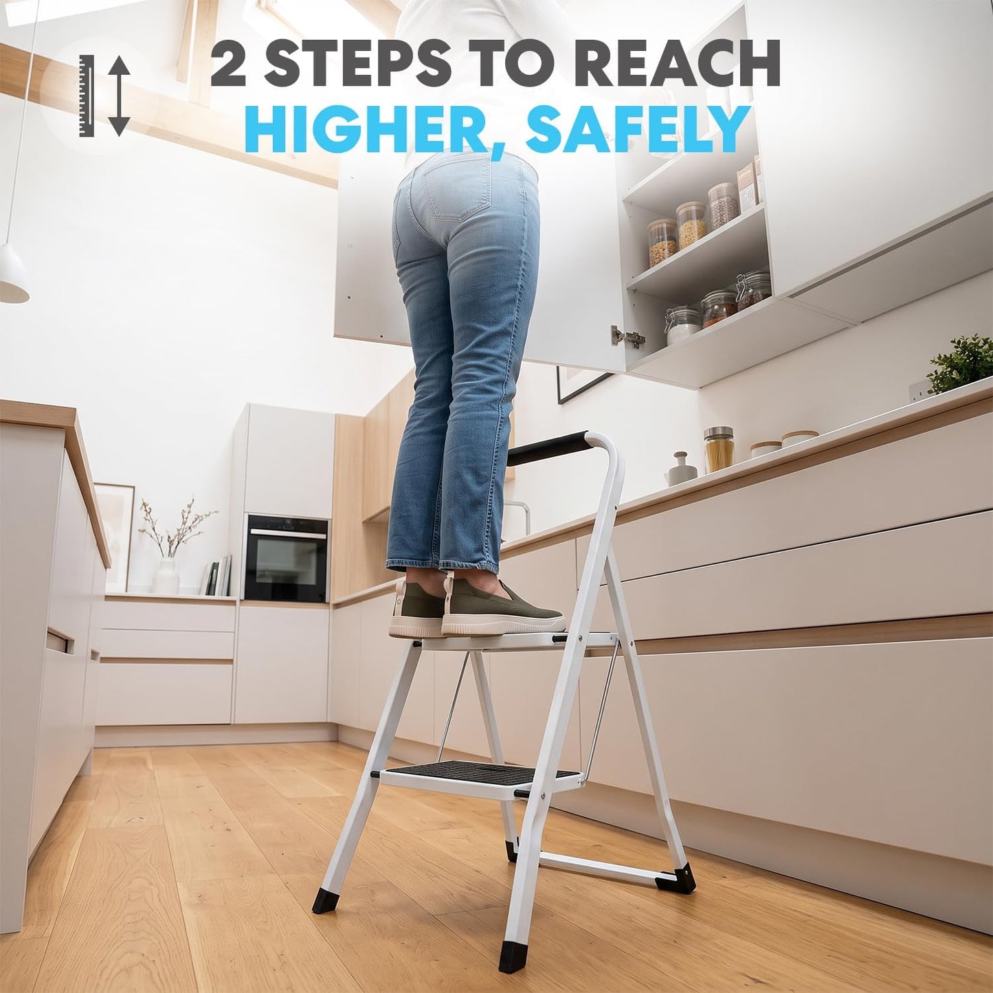 Simpli-Magic 2 Step Ladder 2 Pack, Folding Step Stool for Adults, Tested to 800 lb, Wide Anti-Slip Steps, Steel Frame, White
