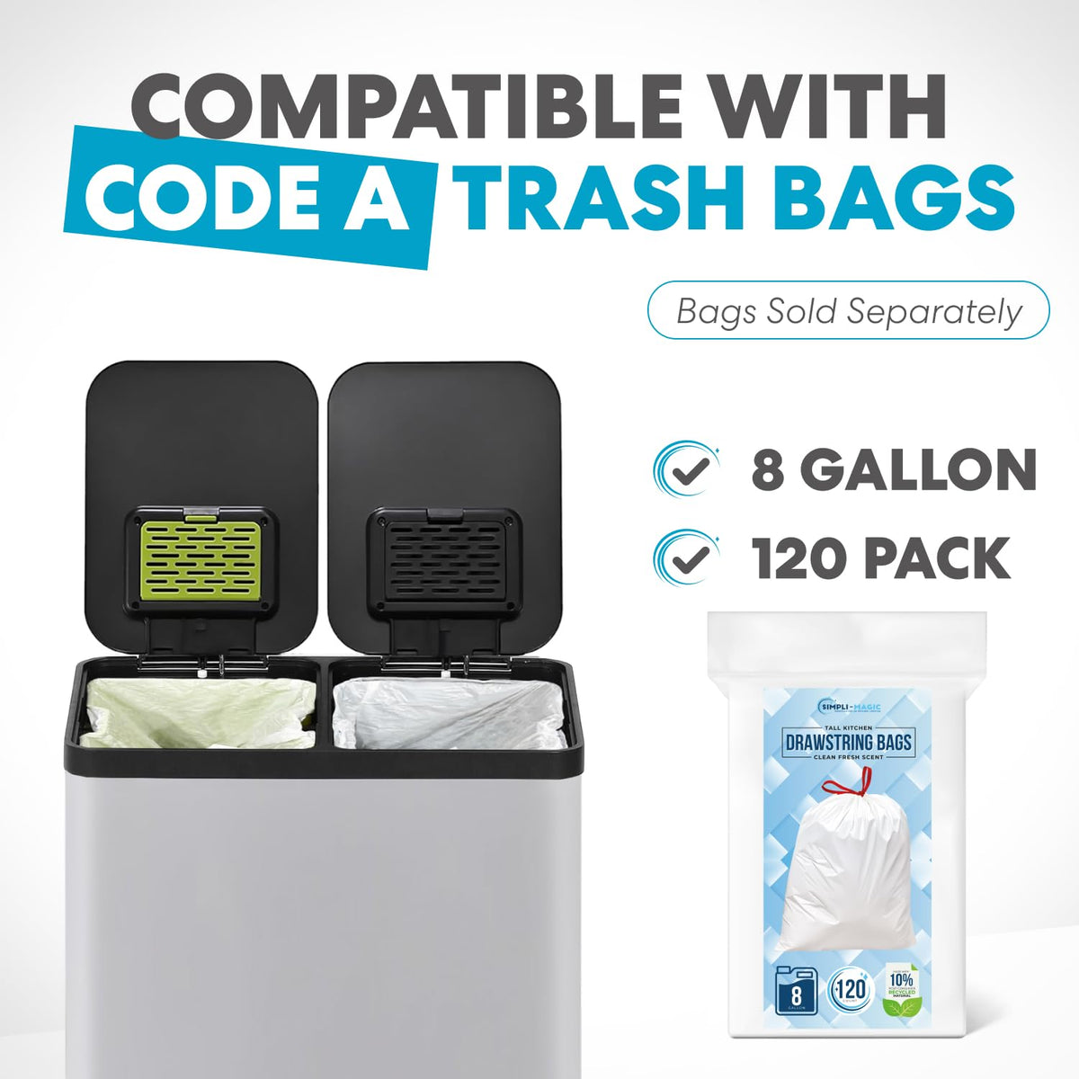 SIMPLI-MAGIC 60 Liter / 16 Gallon Rectangular Hands-Free Dual Compartment Recycling Kitchen Step Trash Can with Soft-Close Single Lid, Stainless Steel (30L x 30L Capacity) White