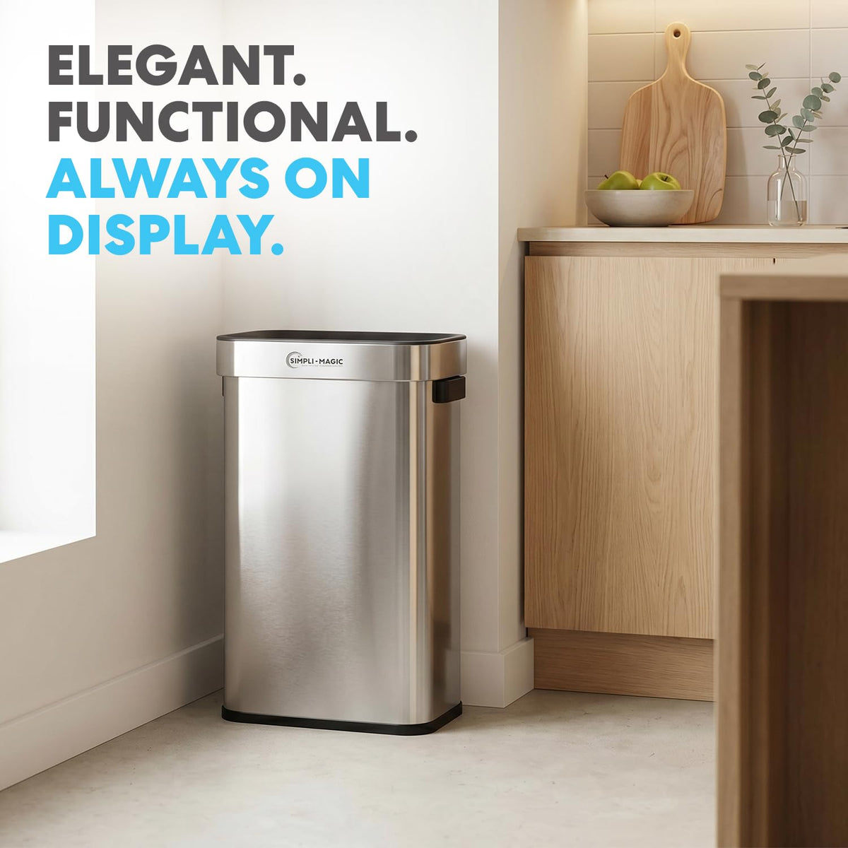 SIMPLI-MAGIC 70 Liter / 18.5 Gallon Soft-Close, Smudge Resistant Open Top Trash Can with Stainless Steel, Sleek Finish
