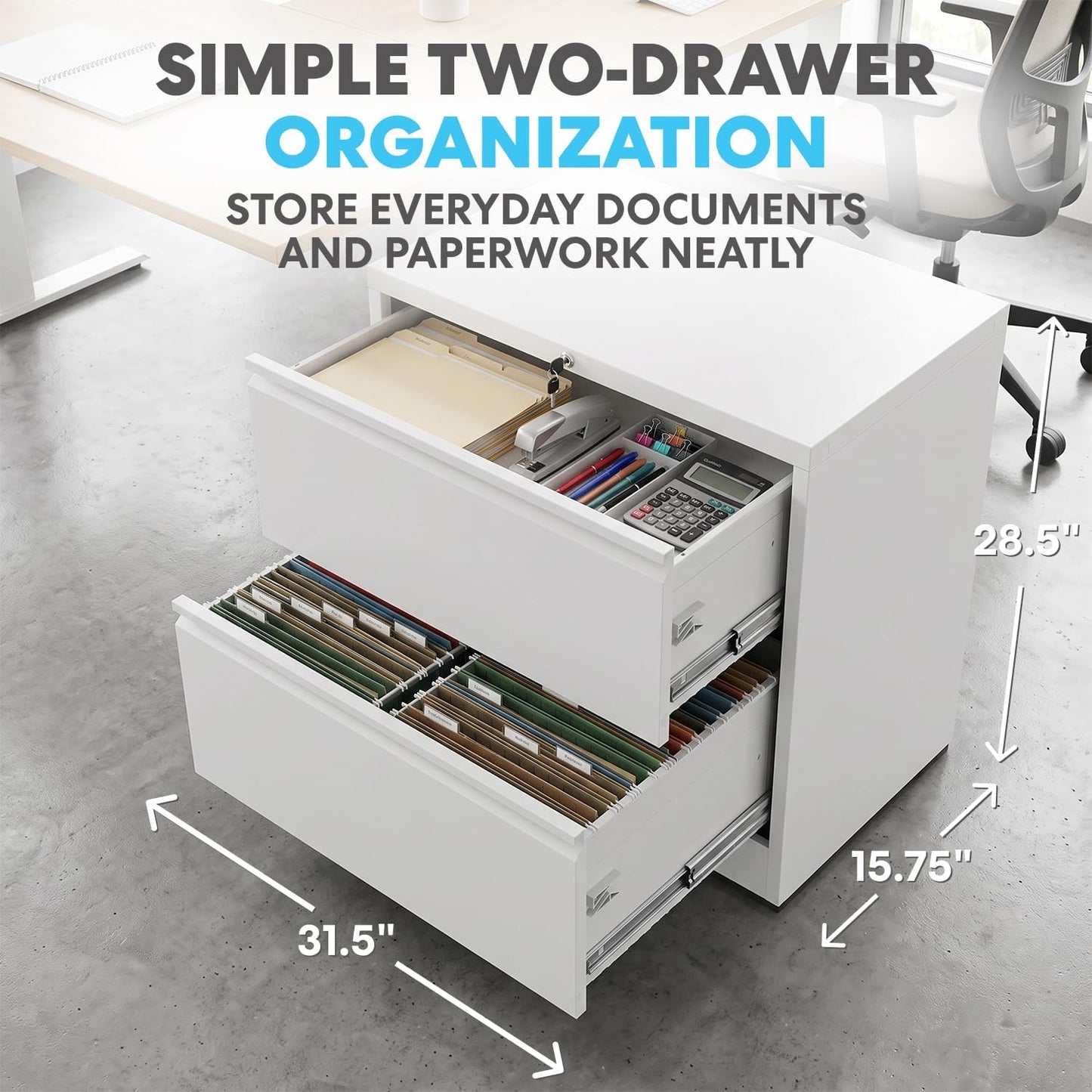 SIMPLI-MAGIC 2 Drawer Metal File Cabinet with Lock, Home Office, White