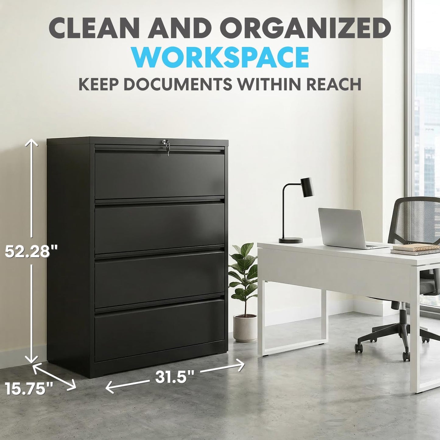 SIMPLI-MAGIC 4 Drawer Lateral Metal File Cabinet with Lock, Black