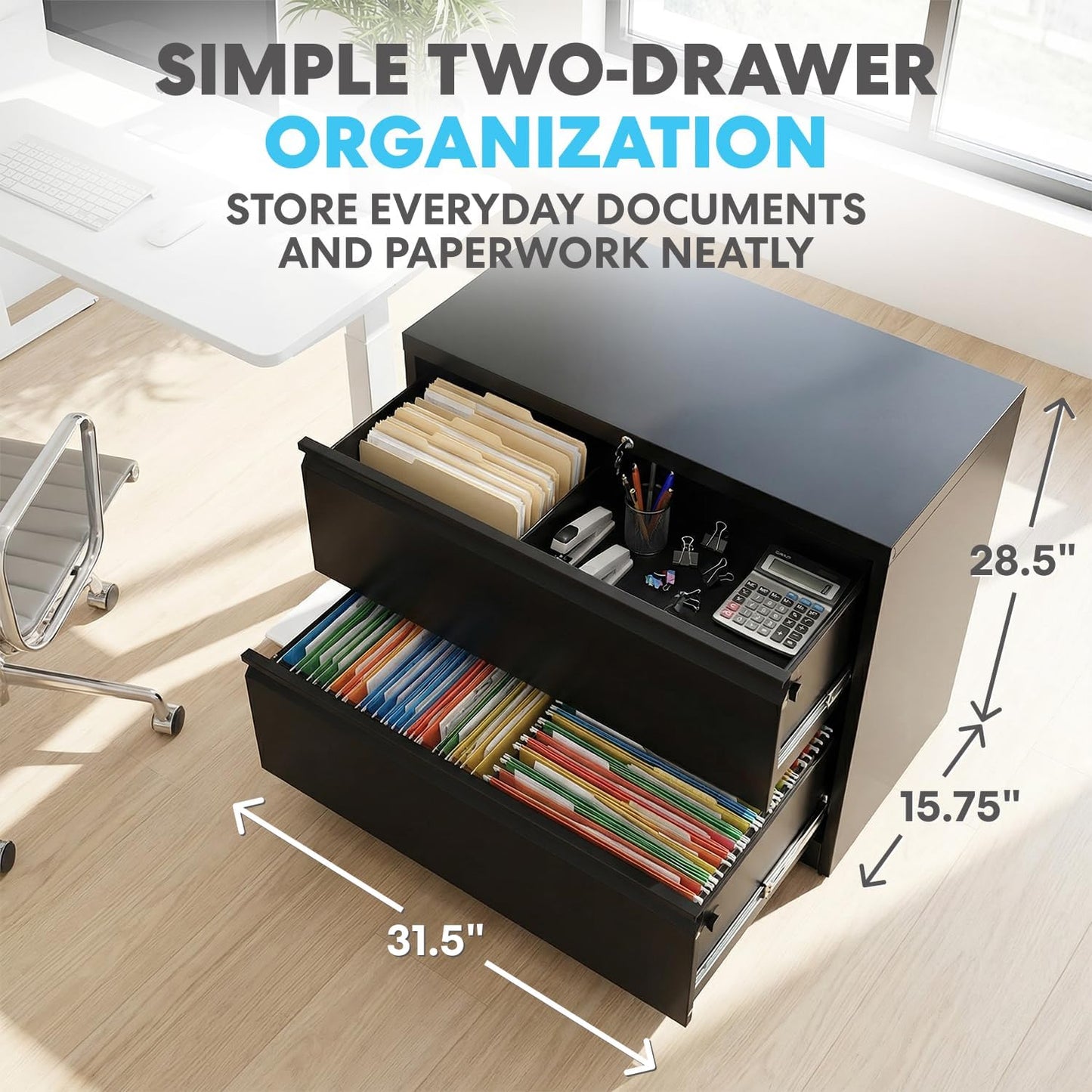 SIMPLI-MAGIC 2 Drawer Metal File Cabinet with Lock, Home Office, Black