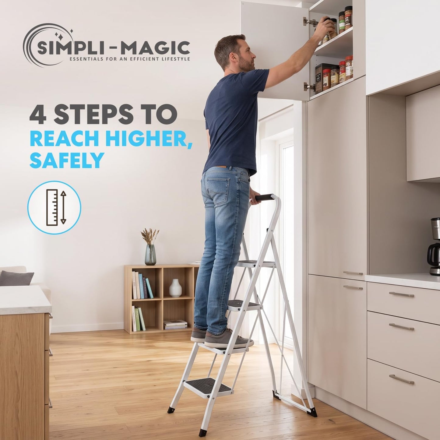 Simpli-Magic 4 Step Ladder 2 Pack, Folding Step Stool for Adults, Tested to 800 lb, Wide Anti-Slip Steps, Steel Frame, White