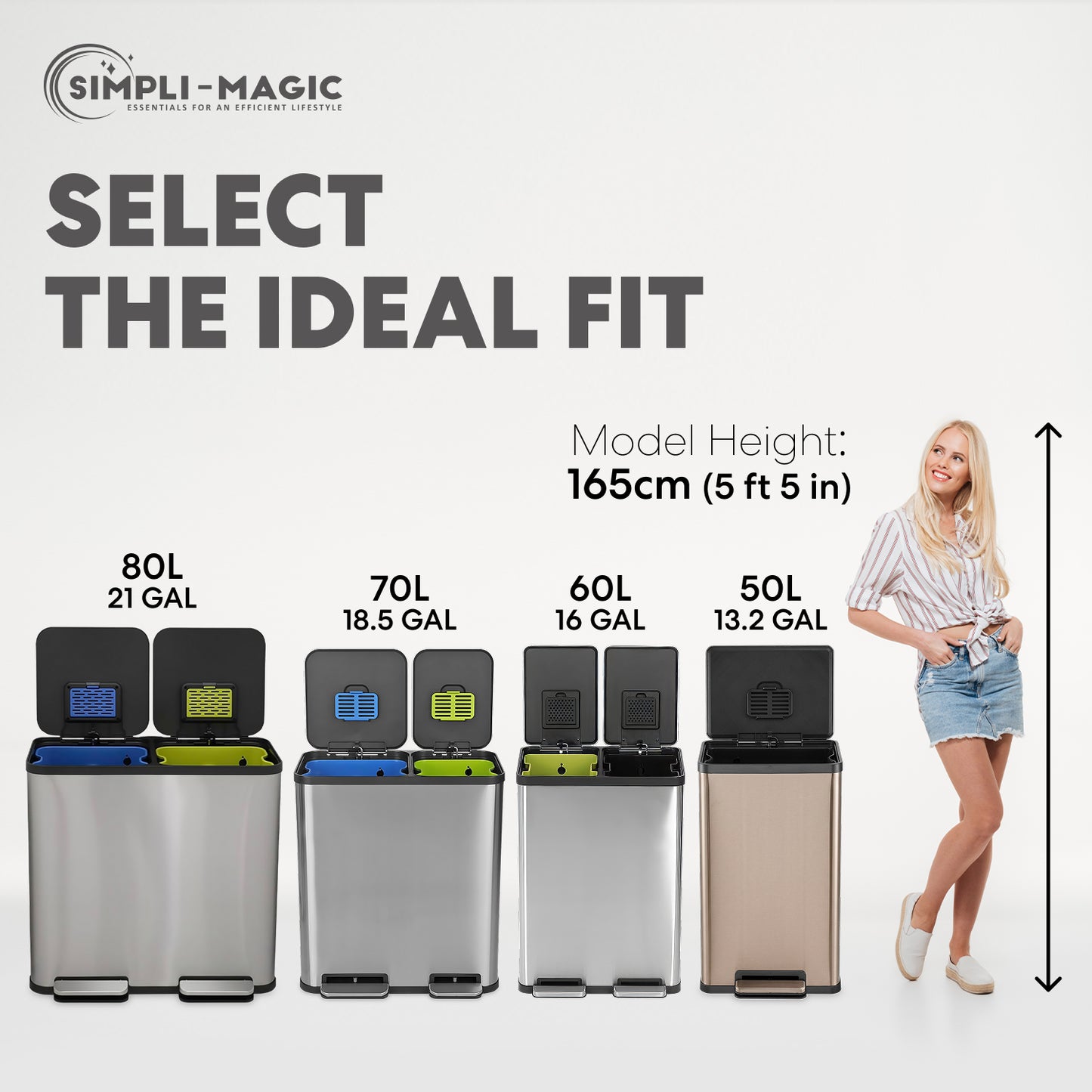 SIMPLI-MAGIC 13 Gallon/50 Liter Kitchen Trash Can, Stainless Steel Step-On Garbage Bin with Side Handles, Built-In Odor Filter Holder & Removable Inner Bucket for Kitchen & Office & Bedroom, Rose Gold