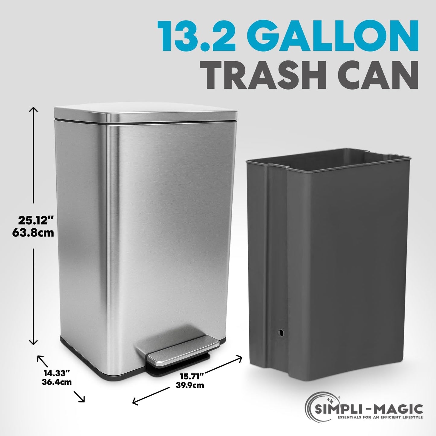 SIMPLI-Magic 13.2 Gallon/50 Liter, Kitchen Trash Can, Stainless Steel, Step-On Garbage Bin with Removable Inner Bucket for Kitchen, Office, and Bedroom